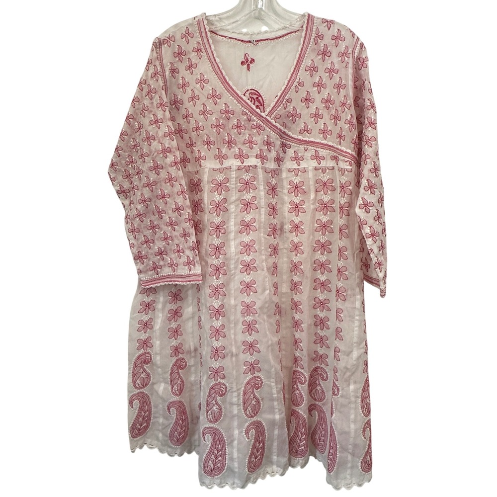 Chikankari Kurta Tunic White Pink Cotton Embroidered Boho Beach Cover Up L